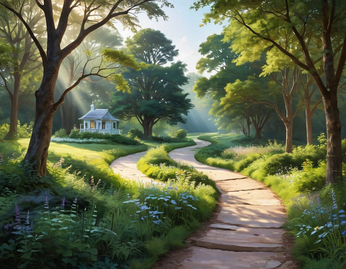 A serene landscape depicting a journey from darkness to light, with a path winding through lush greenery symbolizing hope and healing. Alongside the path, diverse individuals from different backgrounds are engaged in supportive activities, such as meditating, exercising, and sharing meals, showcasing a sense of community. Incorporate symbols of cancer awareness like ribbons in soft colors, with gentle sunlight illuminating the scene, representing a beacon of wellness. Painting style. Warm tones. Inspirational atmosphere.