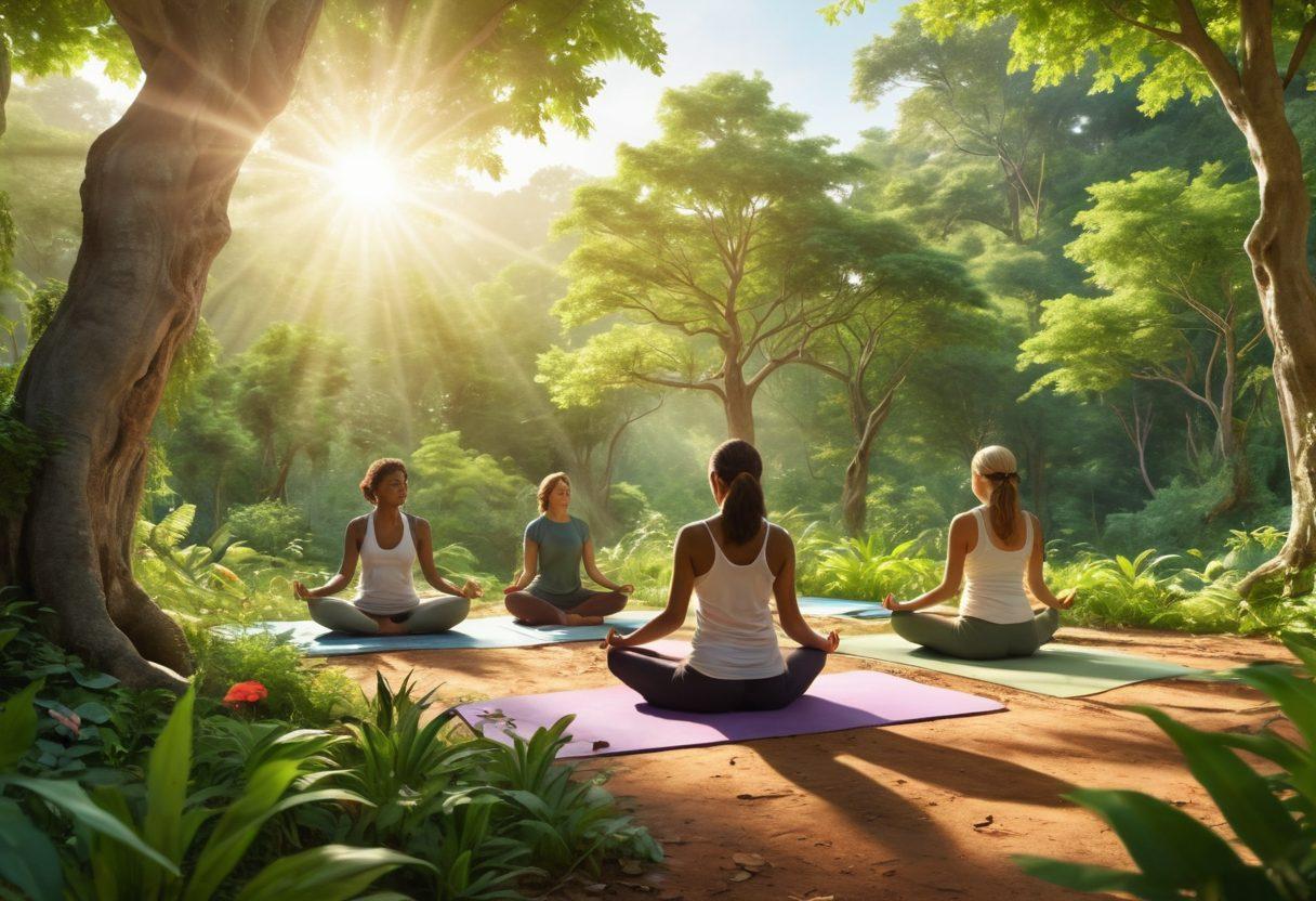 A serene scene depicting a diverse group of survivors engaged in various therapeutic activities, such as yoga, art therapy, and group discussions, surrounded by lush green nature symbolizing hope and growth. Include elements like sunlight filtering through trees, a soft color palette to evoke tranquility, and supportive gestures between individuals. super-realistic. vibrant colors. peaceful atmosphere.