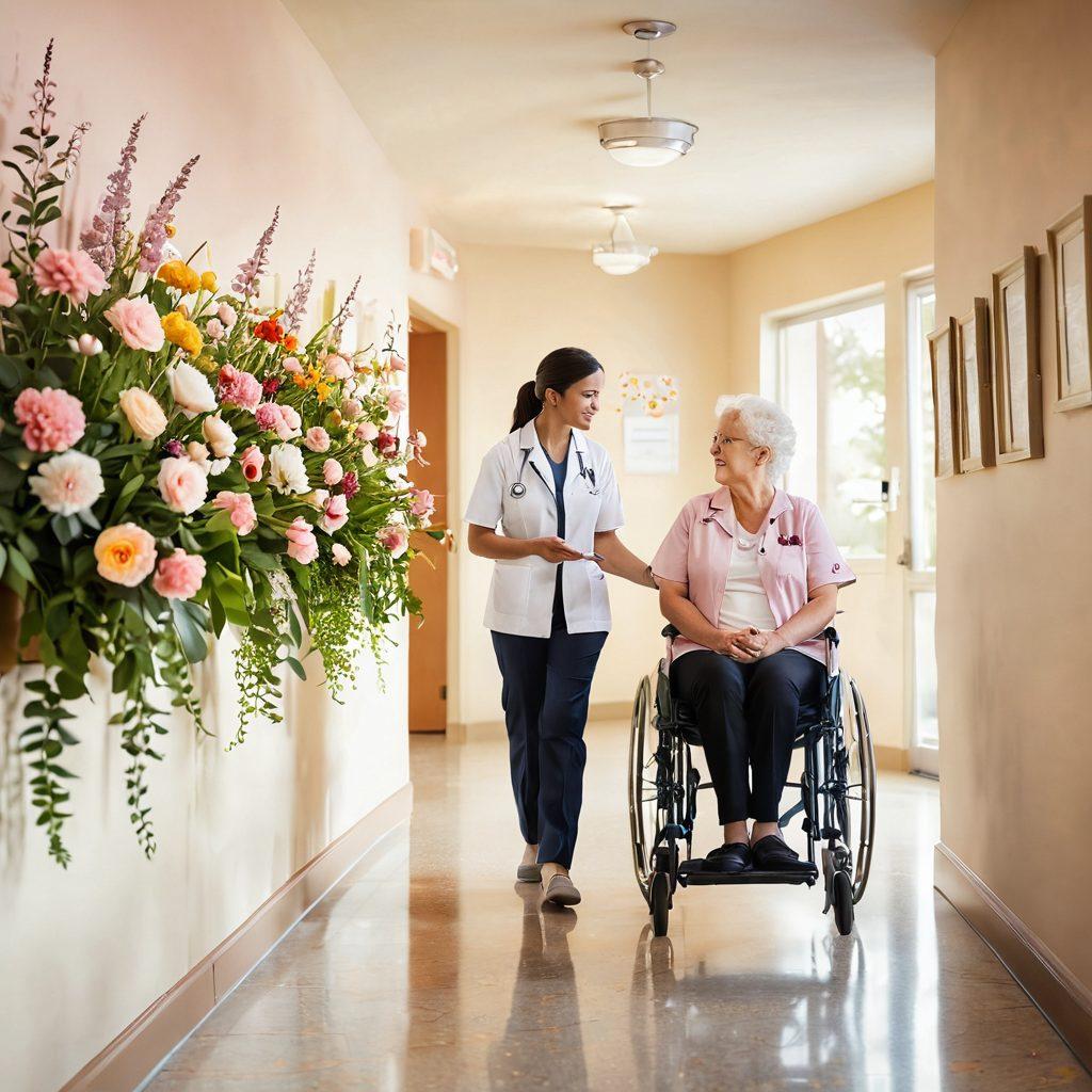 A compassionate healthcare professional guiding a patient through a serene and uplifting environment, highlighting the journey of cancer treatment. Include symbolic elements like a path lined with flowers representing hope, informative charts on the walls, and supportive family members in the background. The professional should be empathetic and the patient appearing encouraged and informed. soft focus, warm colors, calming atmosphere.